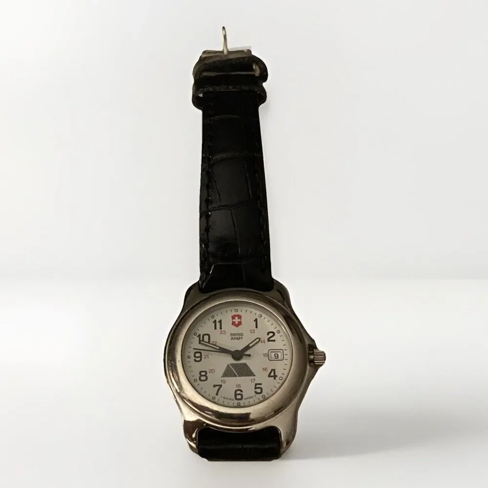 Vtg Ladies 90s Swiss Army White Dial Black Leather Quartz Watch Swiss Alps Logo